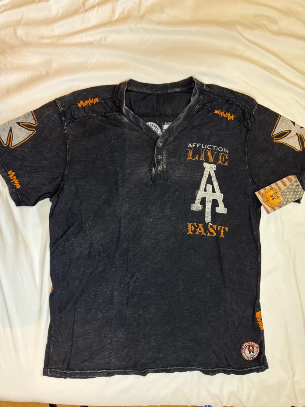 Affliction Black & Orange Live Fast Graphic Henley Tee